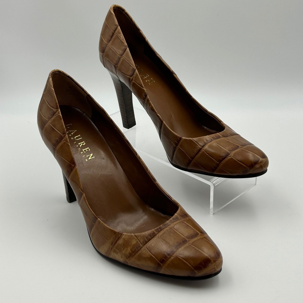 Lauren Ralph Lauren Zabrina Pumps Womens 6.5B Brown Croc Embossed Leather Office